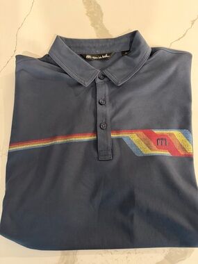 Travis Mathew Navy Polo with Rainbow Chest Stripe